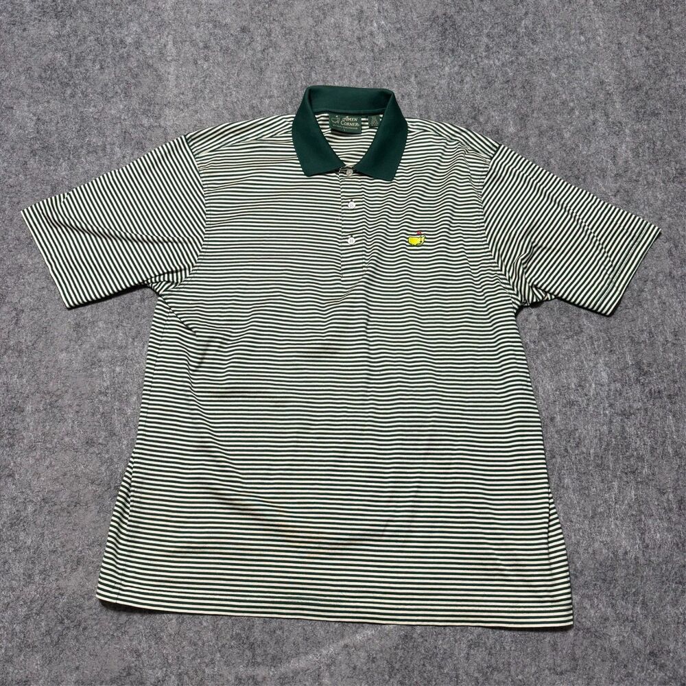VTG Amen Corner The Masters Golf Polo Shirt Mens Size L Green White Striped Pima